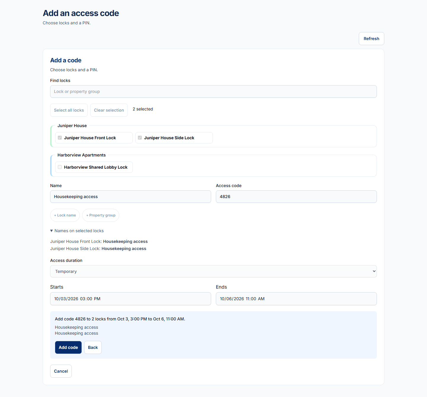 Synthetic desktop Add an access code form in its review step, with two fictional locks selected, a temporary window and a dummy PIN.