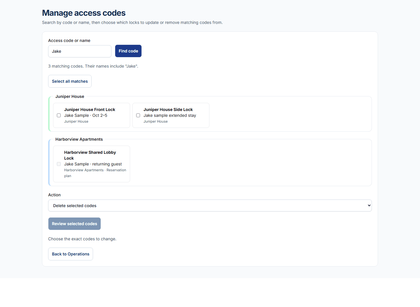 Synthetic desktop Manage access codes page with Jake entered in the search field and three matching labels grouped across fictional locks.