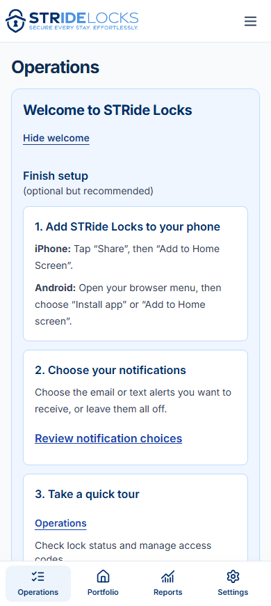 STRide Locks mobile access-code workspace for a synthetic single residence with multiple locks