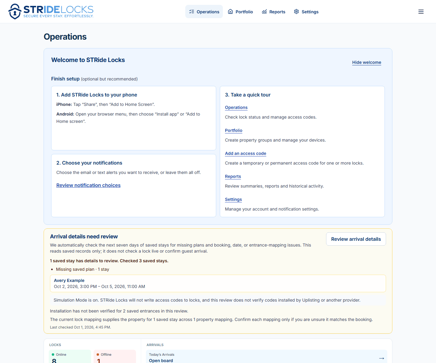 STRide Locks desktop Operations workspace showing a synthetic mixed portfolio with multi-unit and single-residence locks