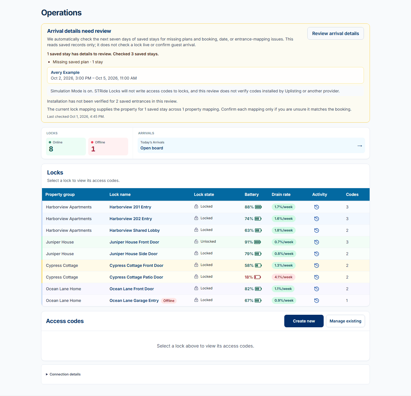 Desktop Operations view with one synthetic missing-plan review, a Simulation Mode note, lock status and grouped saved locks.