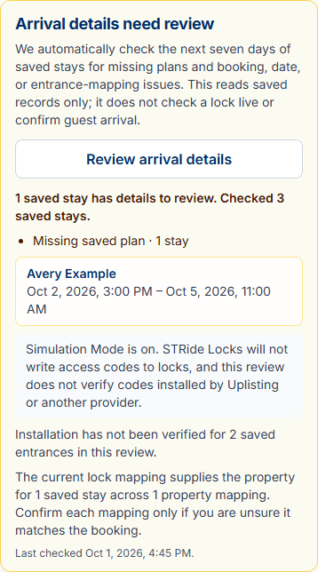 Phone-sized Operations view with one synthetic missing-plan review and a Simulation Mode note.